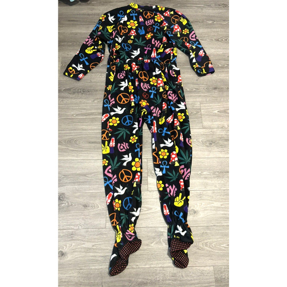Adult One Piece Zip Jumpsuit Costume - Peace Love Design, Large with Footies - Picture 2 of 5